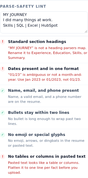 Parse-safety lint failing on the heading MY JOURNEY and on a piped skills line