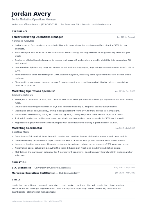 Single-column resume preview for Jordan Avery, the source of the plain-text download